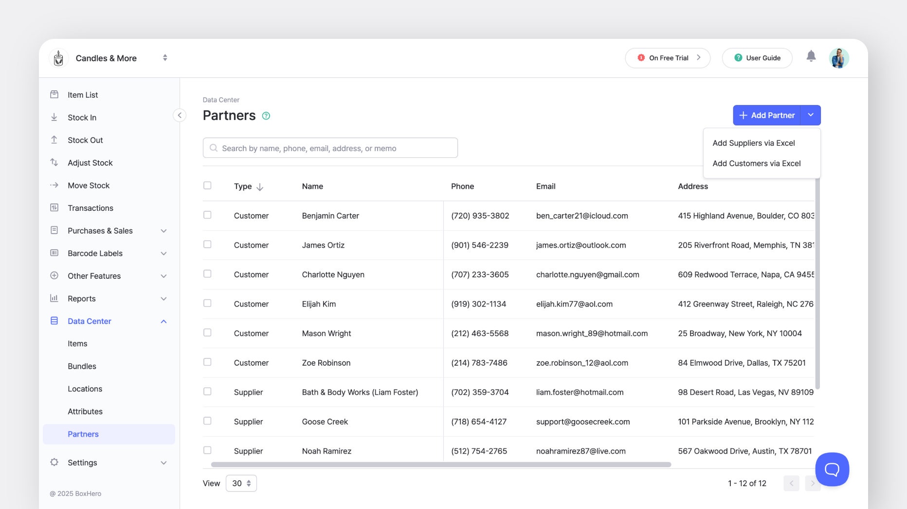 Adding new customers in BoxHero via [Data Center] > [Partners]