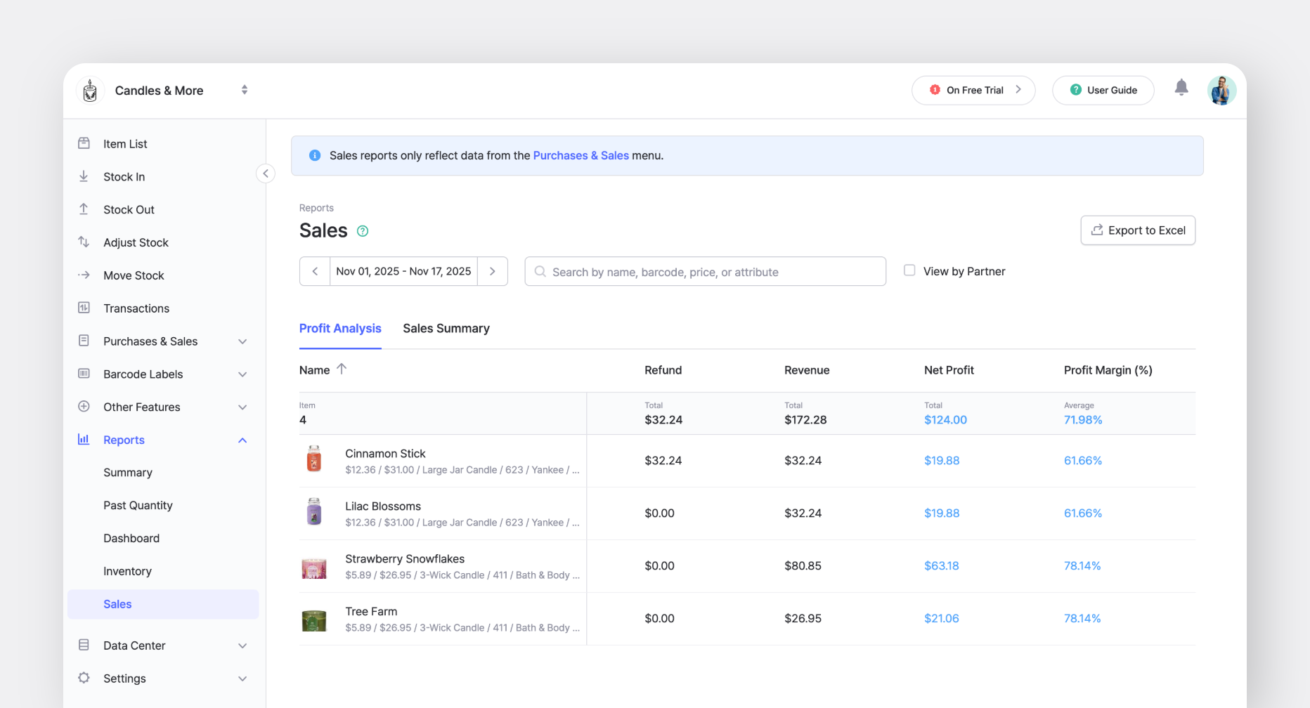 BoxHero's Sales Report Feature on the Web with Profit Analysis & Sales Summary Tabs