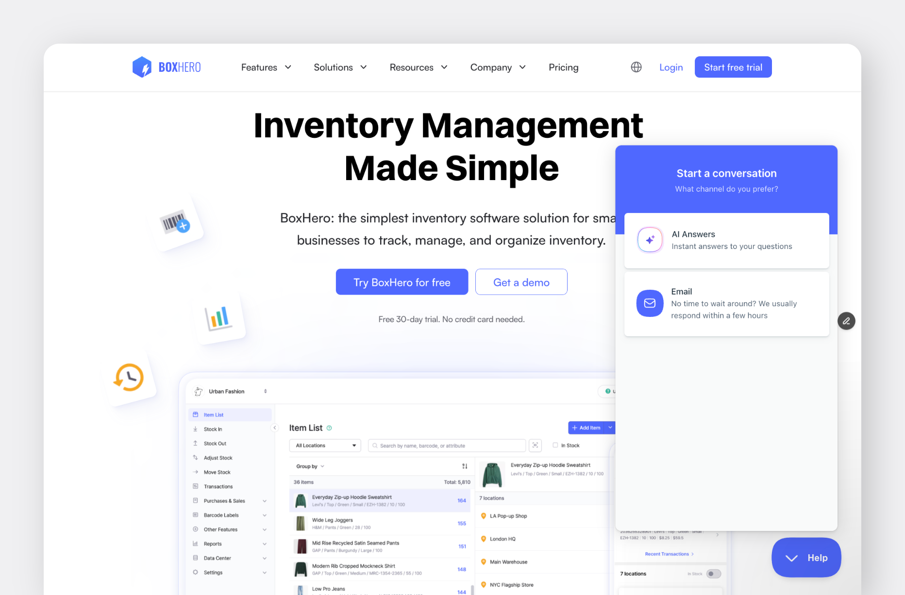 BoxHero Website Screenshot with Help Beacon for AI Answers Chatbot