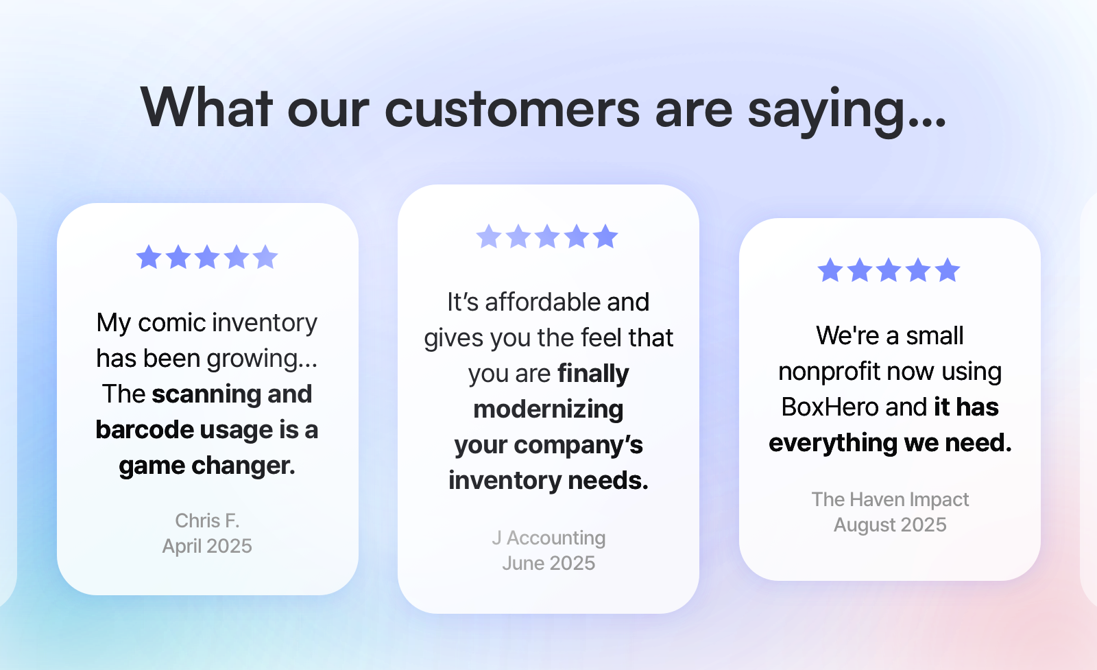 Three customer review cards displaying five-star ratings and short quotes about using BoxHero