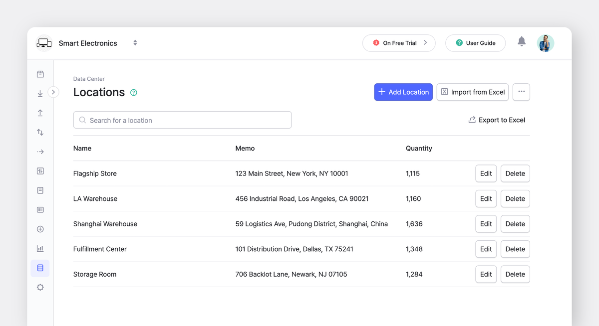 BoxHero Web UI: Data Center > Locations with sample locations listed