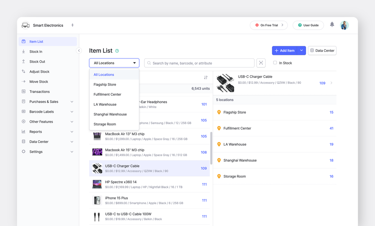 BoxHero Web UI: Item List with items distributed across locations