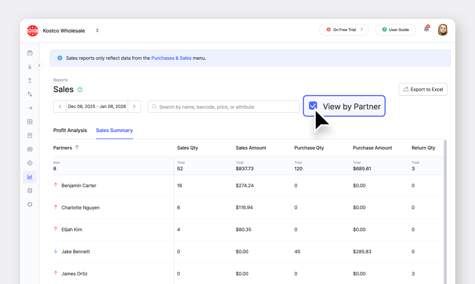 BoxHero Desktop App UI: Sales Reports > Sales Summary > View by Partner Checkbox