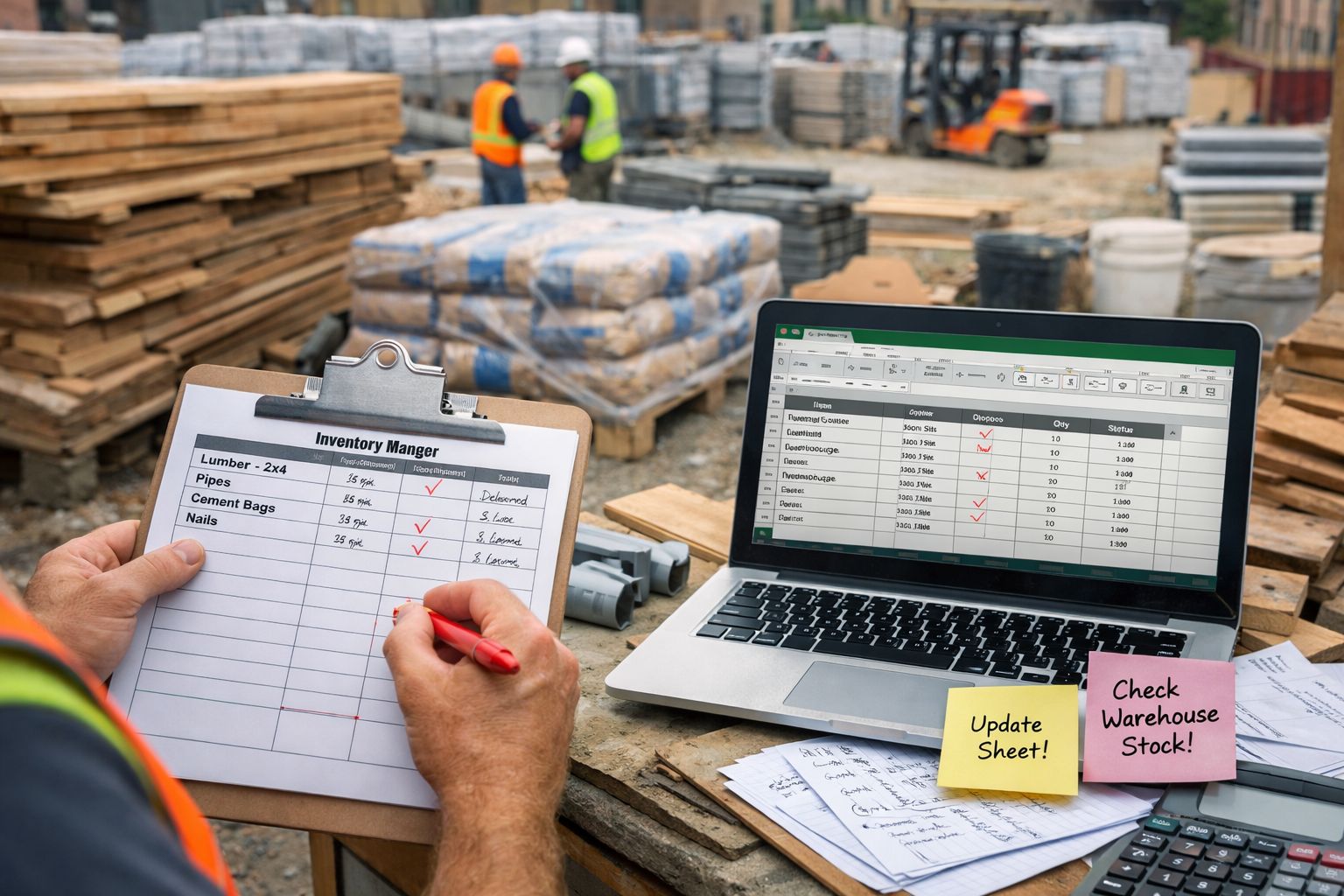 Construction manager's inventory check at site with Excel spreadsheets