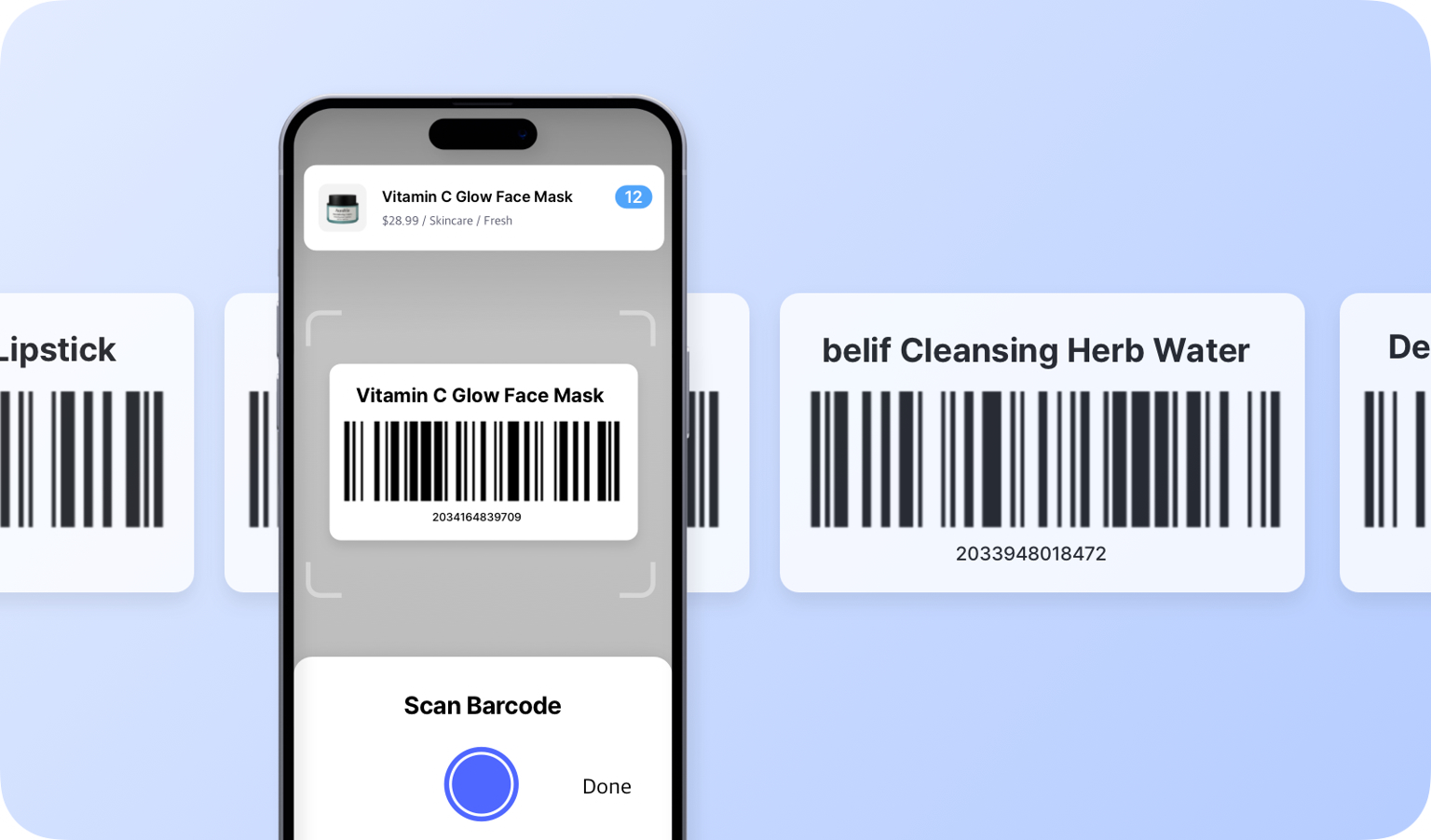 BoxHero Mobile UI Screen: Scan Barcode with Phone