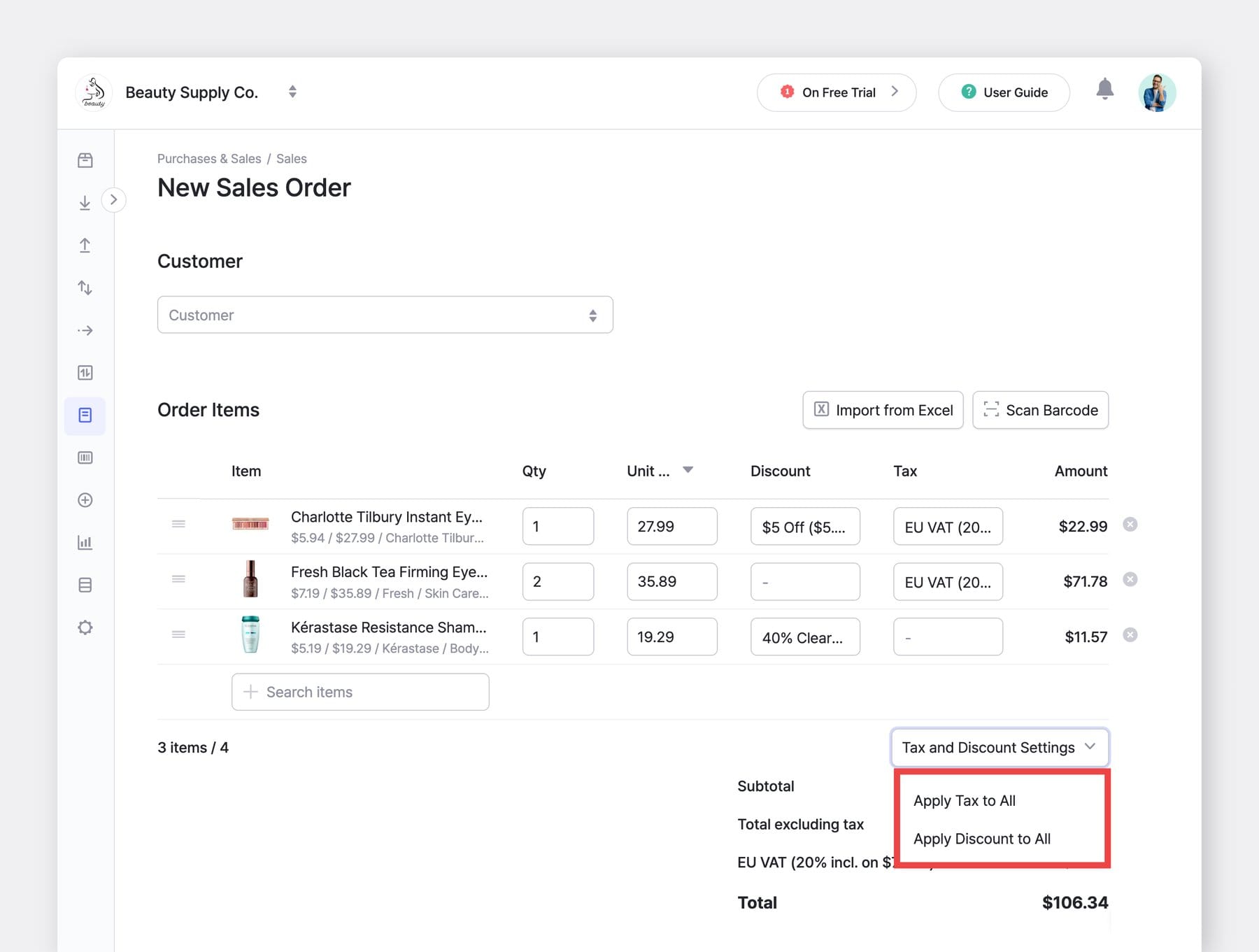 BoxHero Web UI Screenshot: New Sales Order with Tax & Discount Settings