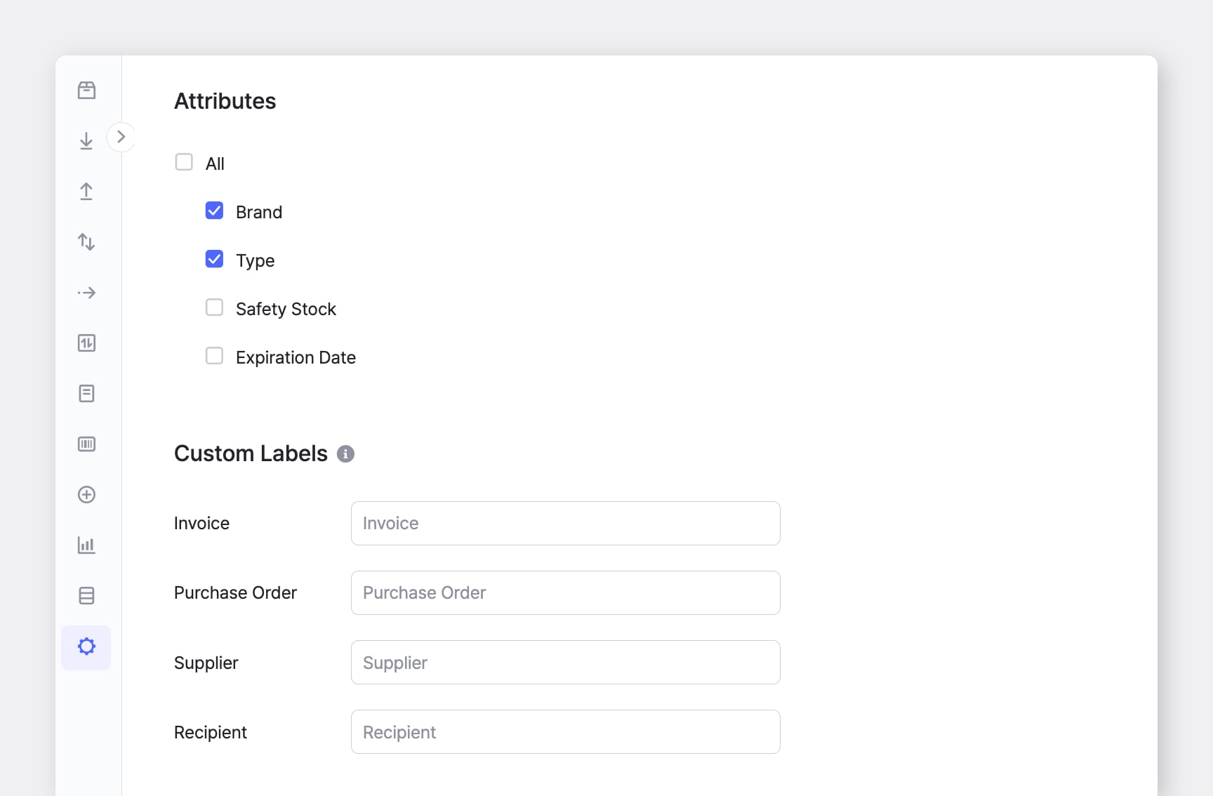 BoxHero Web UI Screenshot: Orders > Print Layout with Attributes and Custom Labels