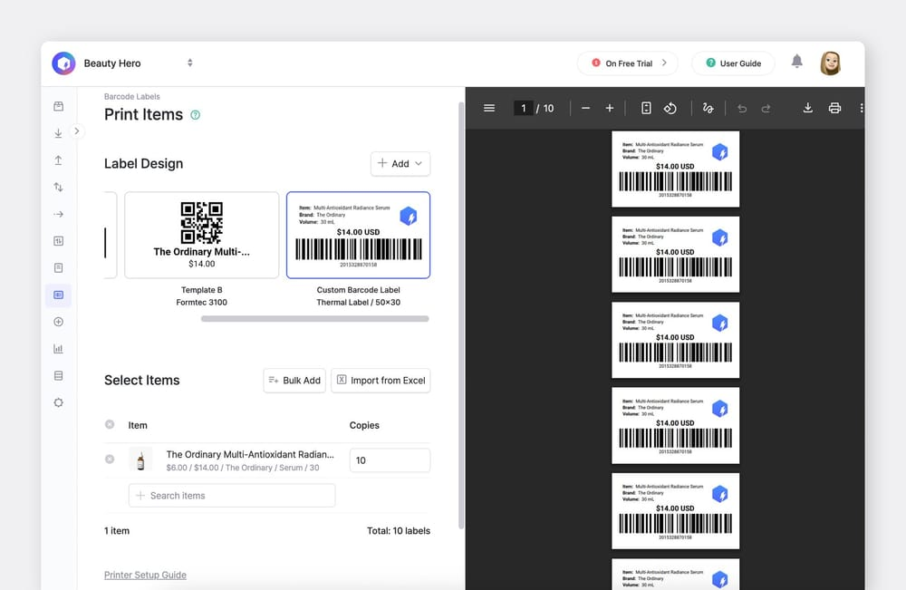 BoxHero Desktop (Web) UI Screenshot: Barcode Labels > Print Items