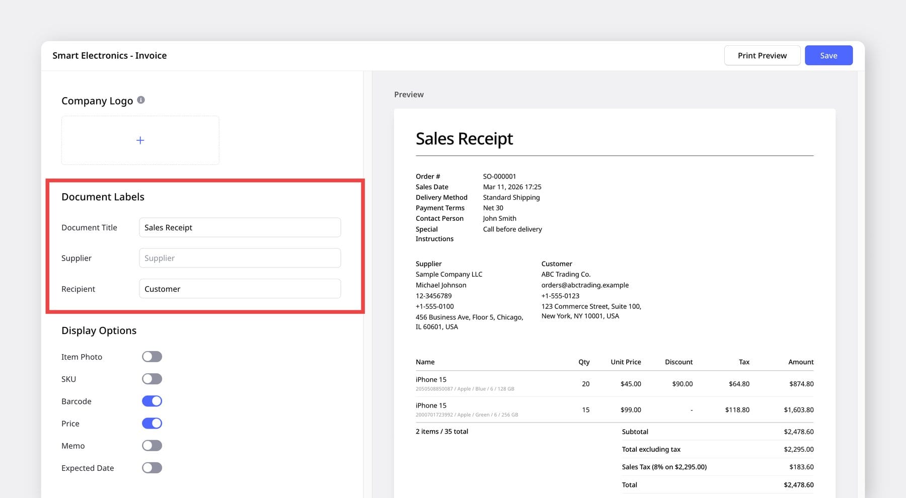 Screenshot of a BoxHero document customization interface highlighting the "Document Labels" section, with a live preview showing the updated labels on a professional invoice template.