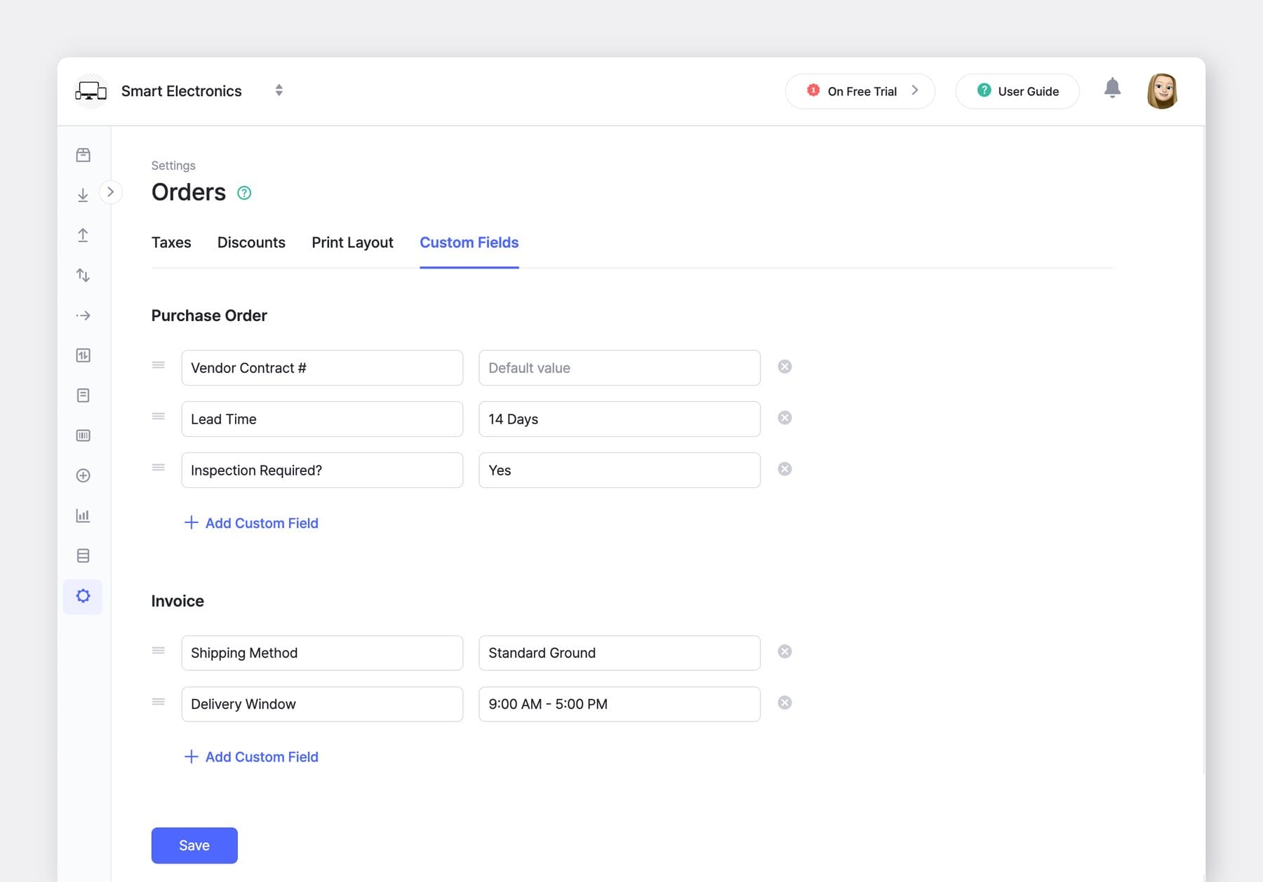 BoxHero Web UI Screenshot: Settings > Orders > Custom Fields