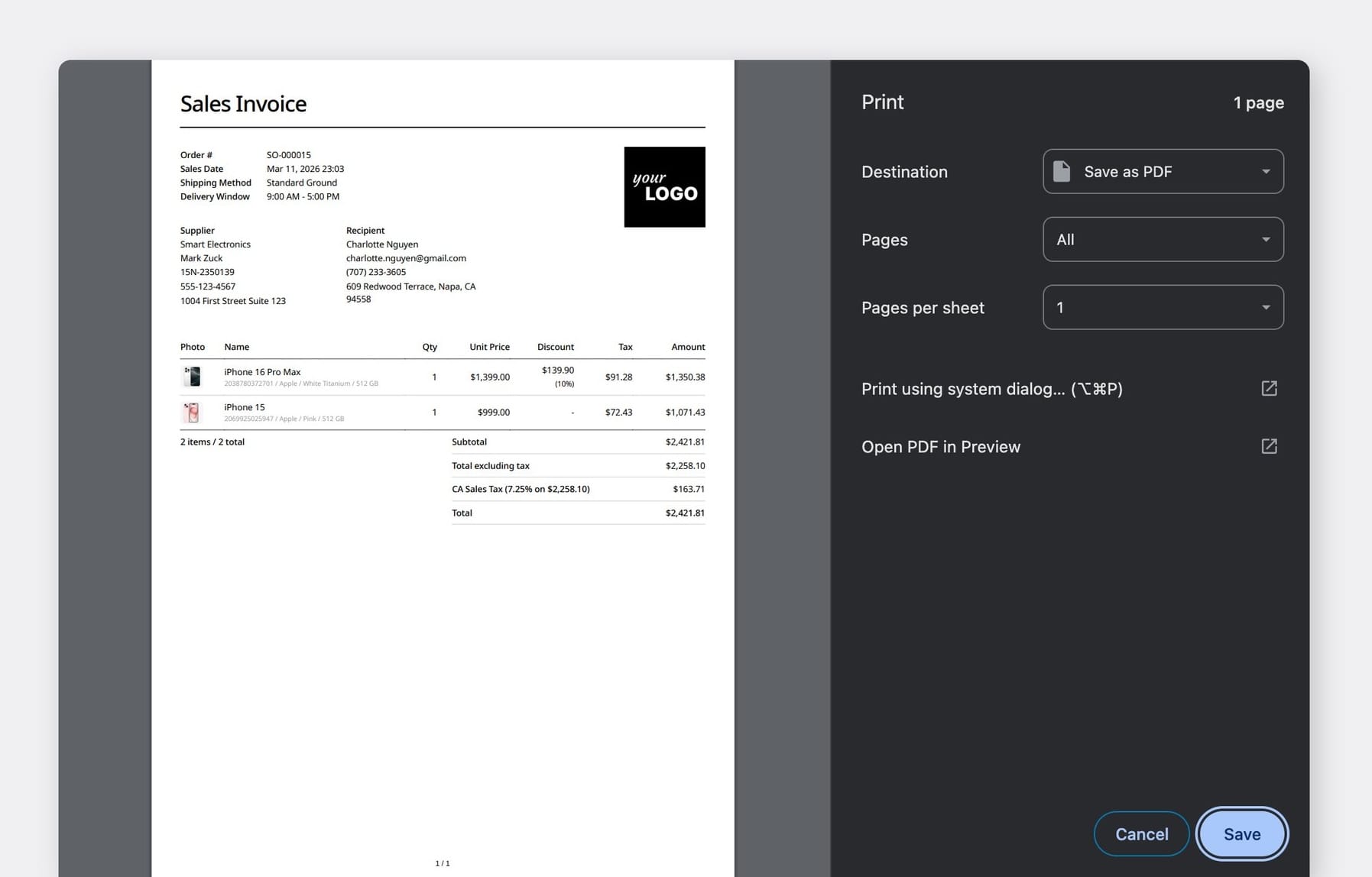 BoxHero print preview interface for a formatted "Sales Invoice" document