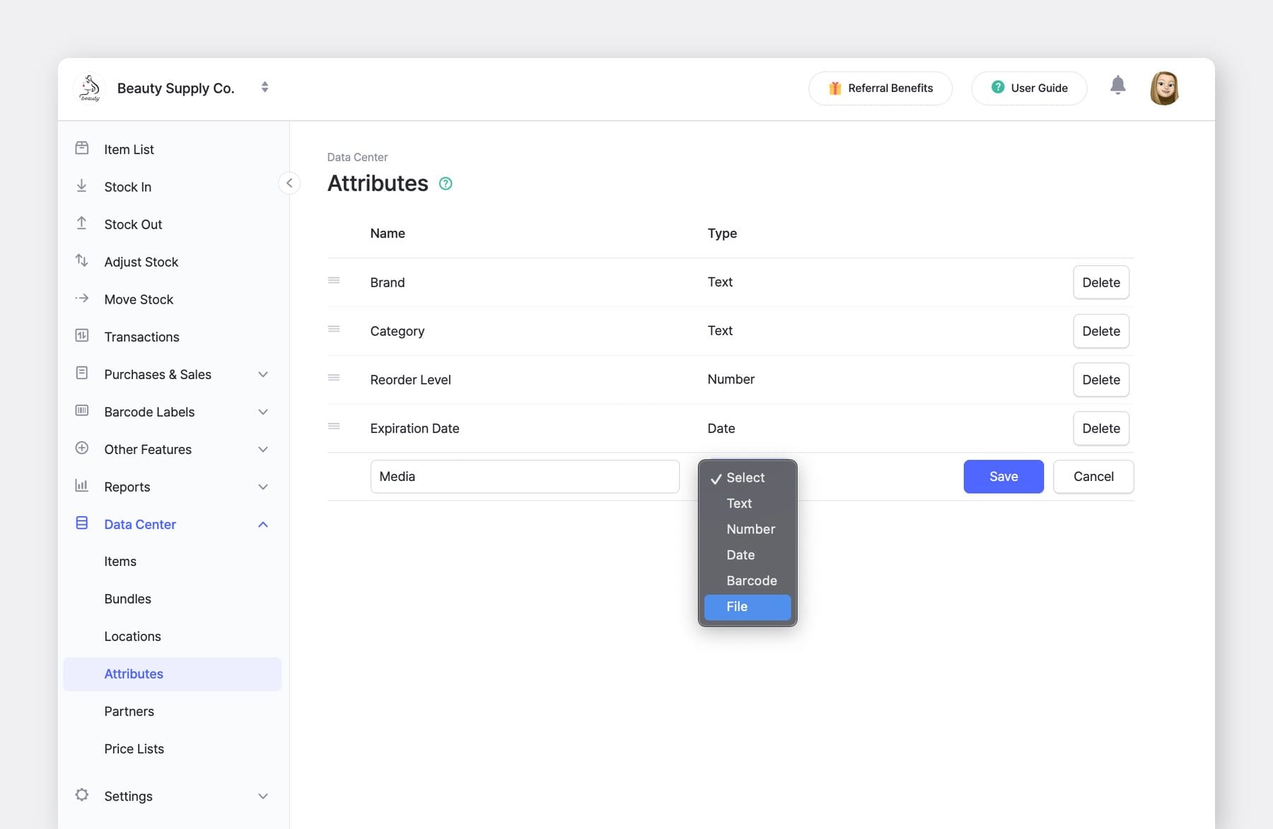 BoxHero Data Center > Attributes page showing the attribute type dropdown with the new "File" option selected
