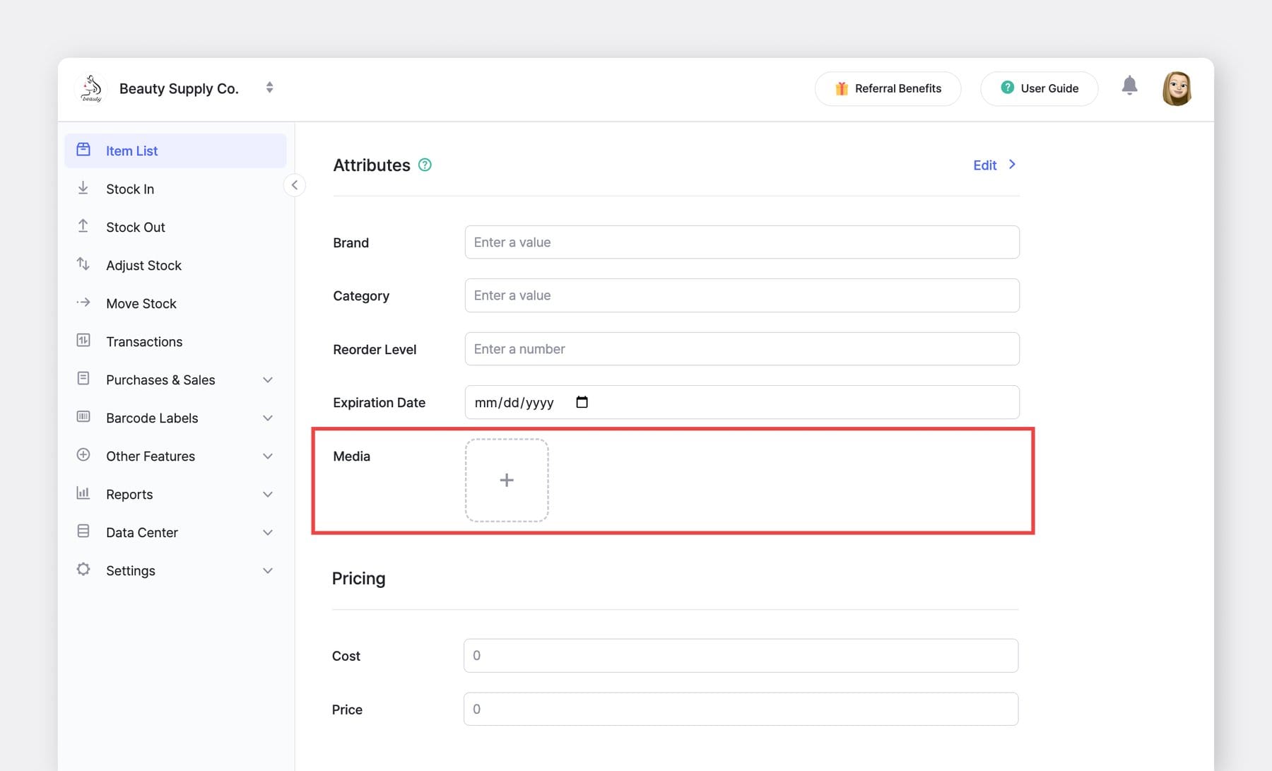 BoxHero new item page showing a file type attribute with an empty upload field highlighted