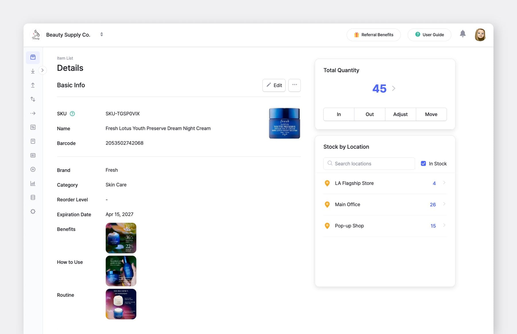 BoxHero item detail page for a beauty product with multiple file attributes for benefits, how to use, and routine images