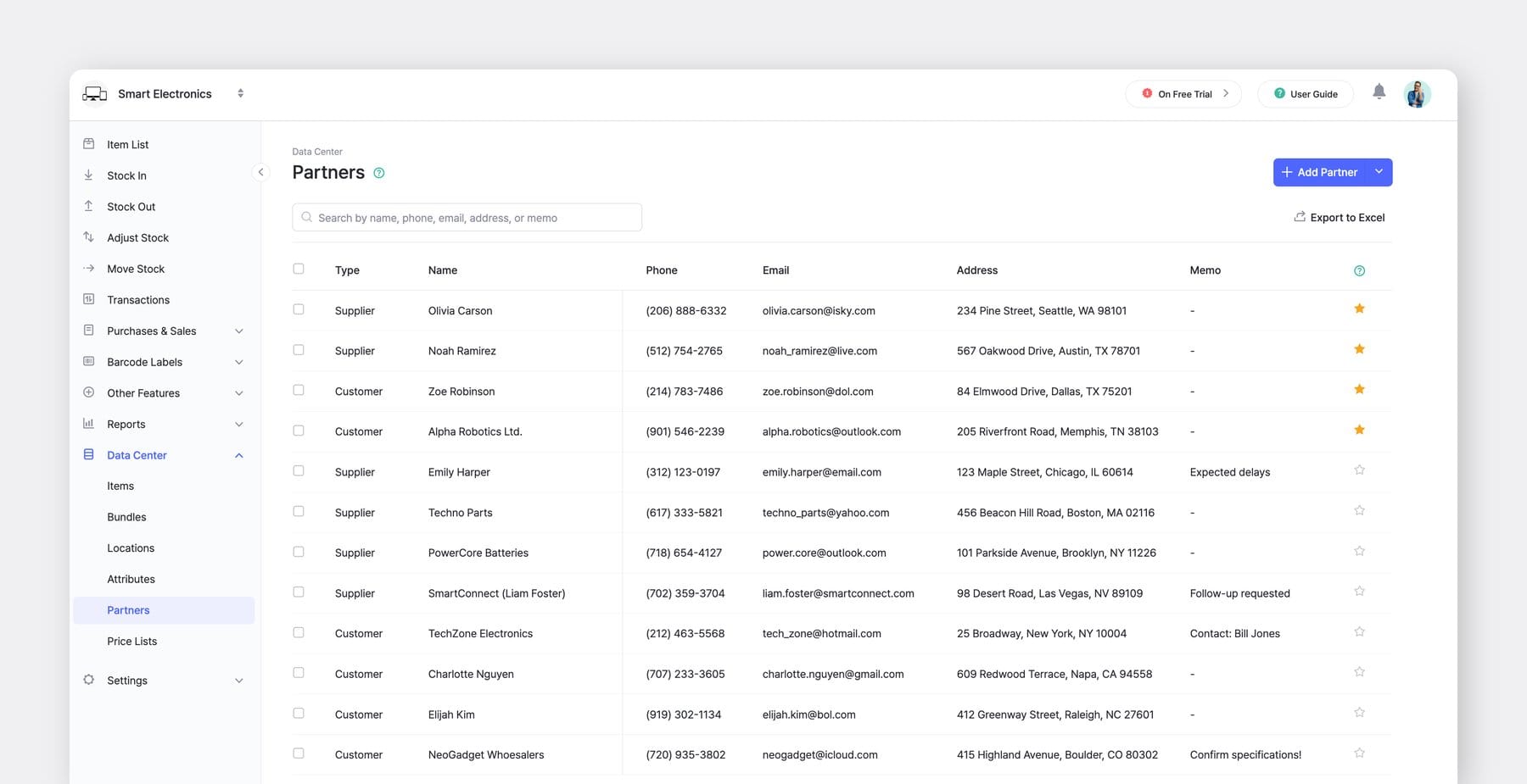 BoxHero Web UI Screenshot: Data Center > Partners
