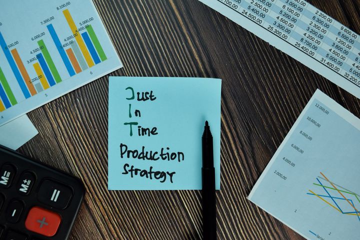 A note with "Just In Time Production Strategy" with a pen, graph, calculator, and spreadsheet on a wooden table