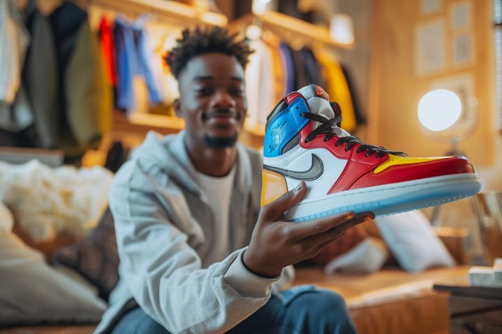 A black man holding a Nike branded shoe with one hand.