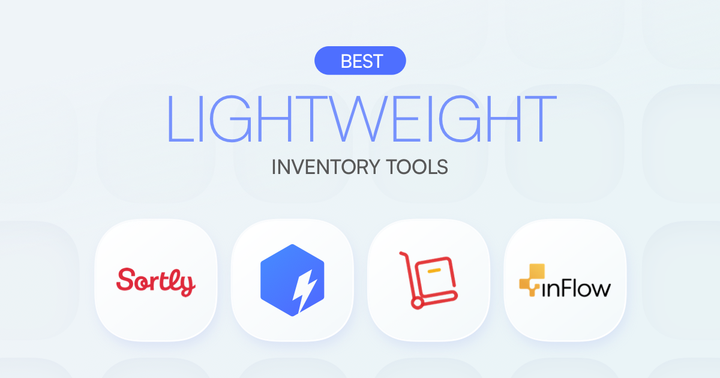 Best Lightweight Inventory Tools graphic featuring logos of Sortly, BoxHero, and inFlow against a light blue background
